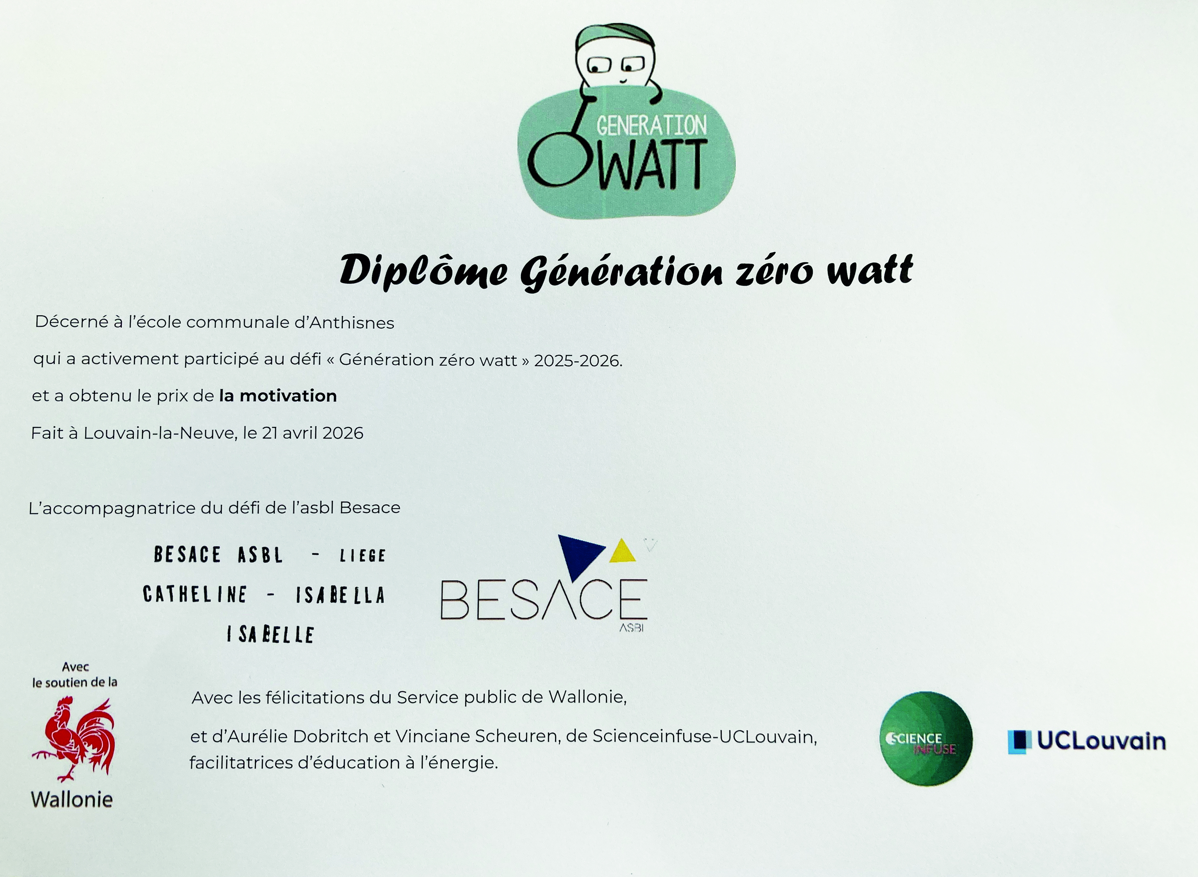 Diplôme Génération Zéro Watt