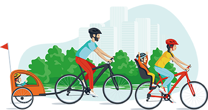 Une famille se déplaçant à vélo