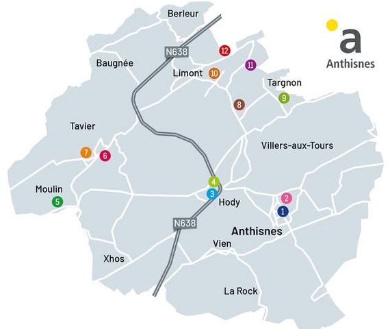 Carte officielle du Parcours d'Artistes d'Anthisnes avec villages et routes